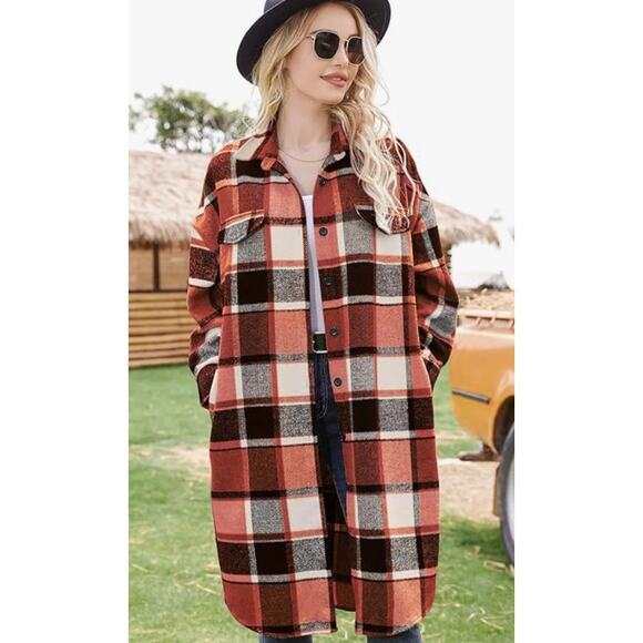 Plaid Shacket Button Wool Blend Long Tartan Trench CoatLARGE - Picture 4 of 6